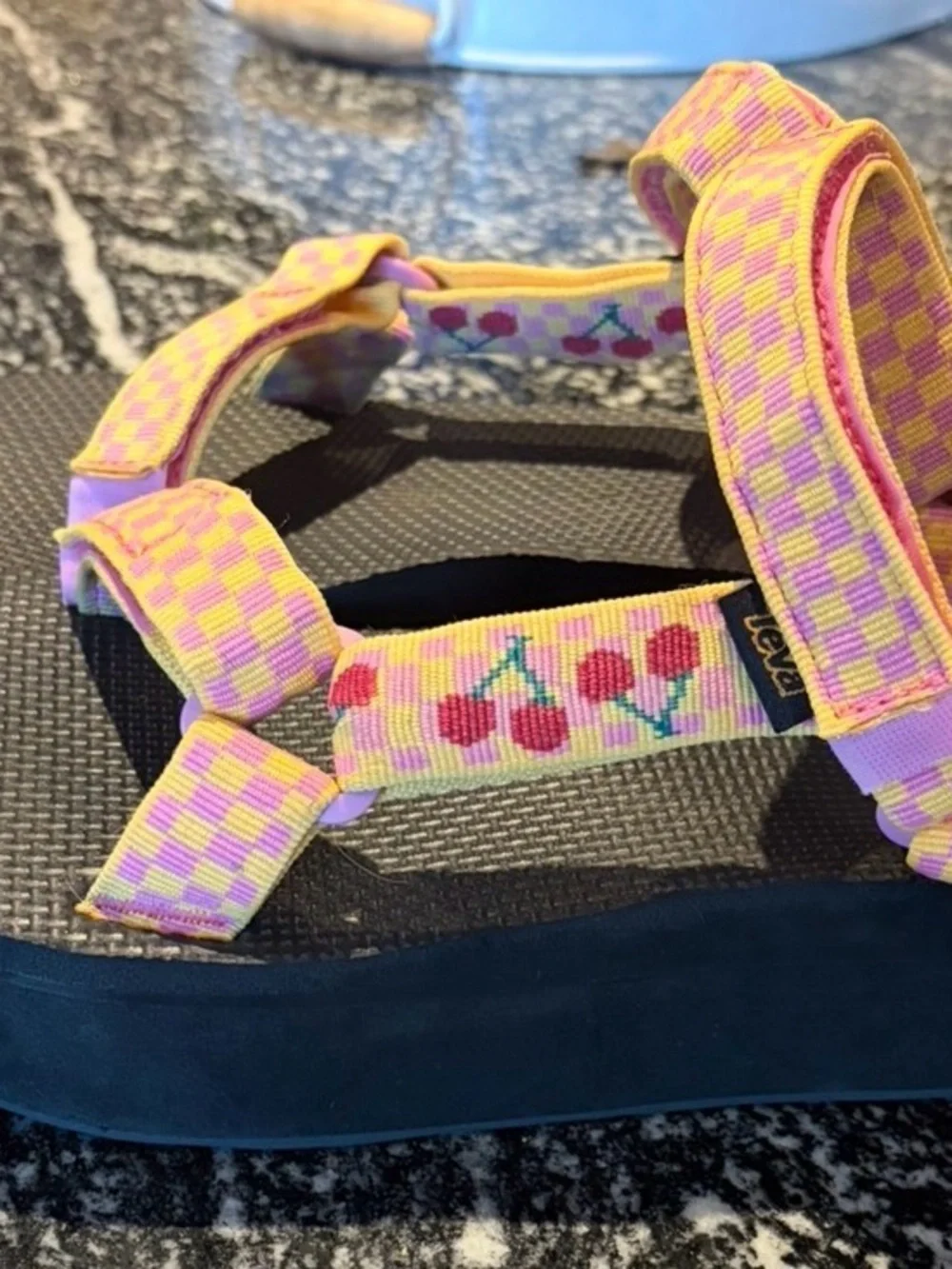 Teva Womens Pink and Yellow Check with cherries Platform Strap Sandals
